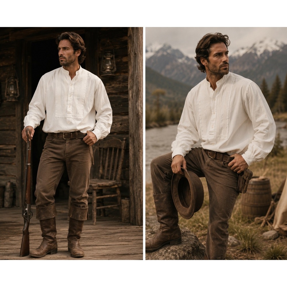 Wah Maker Frontier Clothing Mens White Cotton Pleated Bib Band Collar Shirt L